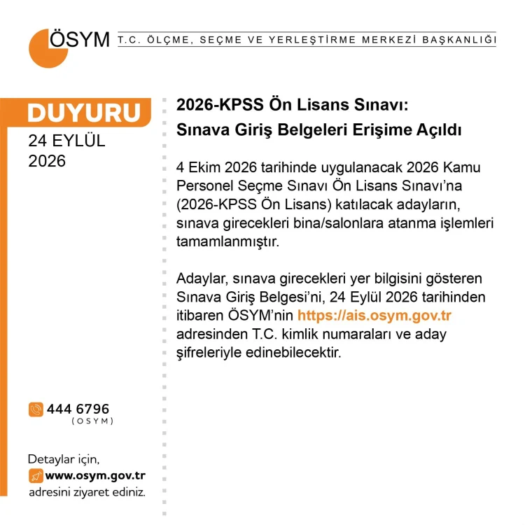 2026-KPSS Ön Lisans sınav giriş belgeleri erişime açıldı